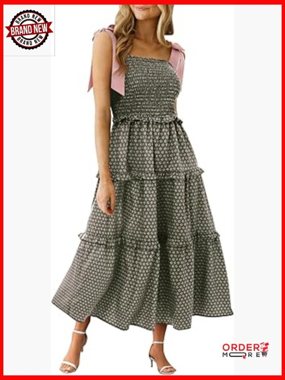 Womens Smocked Tie Shoulder Boho Floral A-Line Maxi Dress Tiered Casual Beach